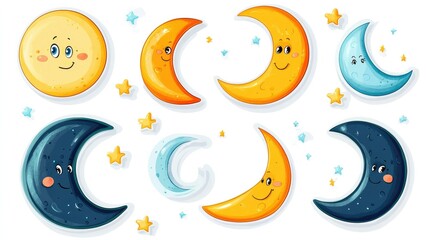  A vector set of cartoon moon stickers featuring crescent, full, and half-moon phases with cute faces, isolated on a white background for whimsical designs.