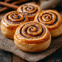 Freshly baked cinnamon rolls with glossy finish, arranged beautifully on rustic burlap surface. warm, inviting aroma and spiral design evoke sense of comfort and indulgence