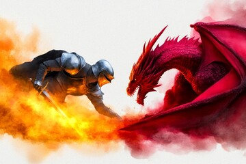 A knight defeating a dragon in watercolor, with flowing colors blending into light