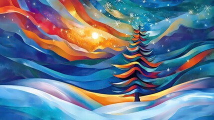 Canvas Print - a stylized illustration of a snow-covered winter landscape with a single pine tree standing tall in 