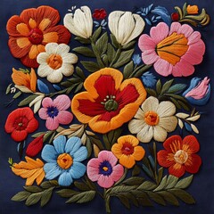 Vibrant floral embroidery artwork showcasing a colorful arrangement of various flowers.