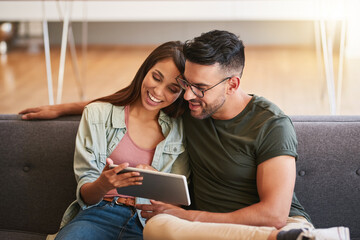 Poster - Smile, couple and rest with tablet at house for financial planning, loan research and mortgage application. Happy, people and digital with banking website, finance budget and investment for bonding