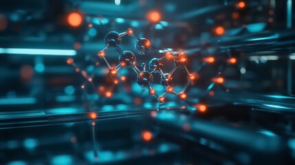 Wall Mural - a 3d rendering of a molecule with glowing red atoms and blue-black bonds, set against a background o