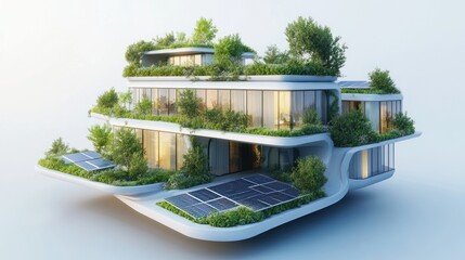 A futuristic eco-friendly building with greenery and solar panels.