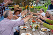 © Lomb - Senior friends toasting at outdoor dinner party in garden