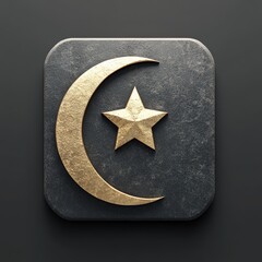 Golden crescent moon and star symbol on textured background, representing cultural and religious significance. 3d model mobile application icons