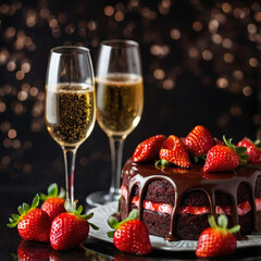 Yummy tasty chocolate strawberry cake in a form of a heart, roses, two glasses of champagne on a black background. Celebrating of Valentines day. Dark food template. Romantic sweet gift. Tasty present