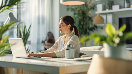 A young woman working in a home office, surrounded by greenery and natural light, sitting at a sleek desk with a laptop, focused on her tasks in a calm and organized environment.