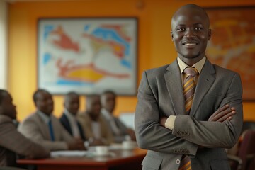 Smiling African businessman in a gray suit standing confidently with arms crossed in a vibrant office setting. Colleagues in the background engaged in a business meeting, leadership and positivity.