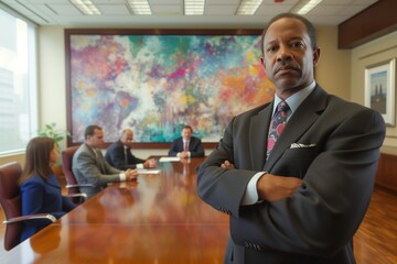 Serious African American businessman in black suit standing with arms crossed in colorful boardroom. Colleagues seated in the background discussing business matters, showcasing leadership, authority,