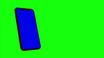 Black smartphone turns on on green background. Easy customizable blue screen. Computer generated image.