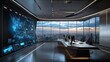 © Ali - Futuristic office with city view and large monitor.