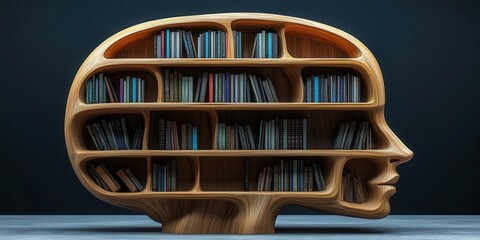 Creative bookshelf shaped like a human head showcases a unique design against a dark background, symbolizing knowledge and creativity.