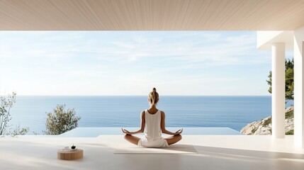 Wall Mural - A person practices meditation facing the ocean from a modern, serene space surrounded by nature during a clear day