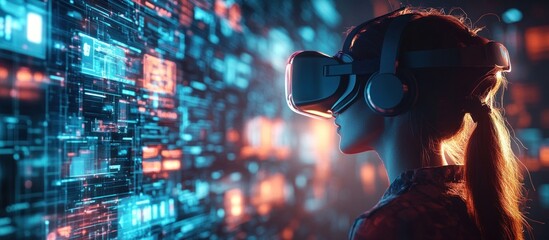 Wall Mural - a young woman wearing a vr headset stands in front of a wall of digital data and looks into the virt