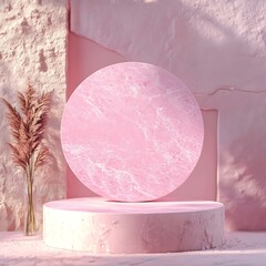 Poster - A minimalist pink marble display with a circular platform and decorative plants.