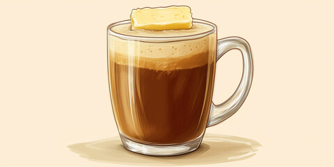 Poster - Hot buttered rum in a mug with a pat of butter on top, illustration art