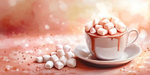 Wall Mural - Packet of hot cocoa mix with marshmallows spilling onto a saucer, illustration art