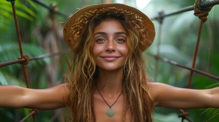 A woman wearing a straw hat and necklace leaning on the railing of a suspension bridge in the jungle.