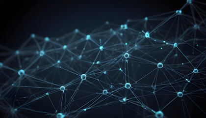 A complex network of interconnected nodes and lines against a dark background, representing the concept of data, technology, or communication