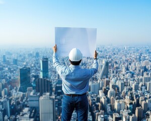 Bird seye view of construction engineer holding blueprint, overlooking a large urban development project, city growth concept