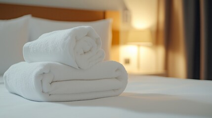 Sticker - Clean white towels neatly arranged on a hotel bed beside a soft lamp in a cozy guest room, creating a welcoming atmosphere