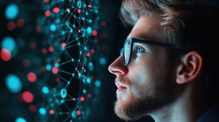 Wall Mural - a cybersecurity professional analyzing a network diagram with numerous security threats, showcasing 