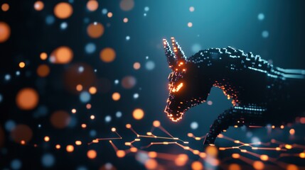 A mythical creature emerges from a digital screen, its body composed of code and circuits, a fantastical being born from the intersection of technology and imagination.