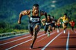© Egor - A young African American man sprints ahead of the pack, focused on winning the race.