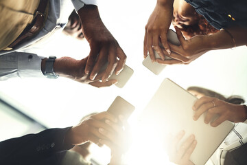 Poster - Employees, hands and tech in office circle, campaign project and research media trend. Staff, low angle and sun flare for feedback on audience engagement, online and connect for news in workplace