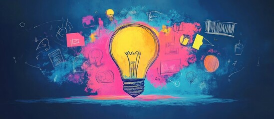 A glowing lightbulb with colorful abstract shapes around it on a blue background, symbolizing new ideas and creative thinking.