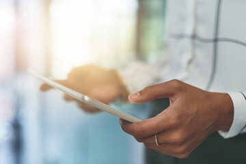 Canvas Print - Office, hands and businessperson with tablet for reading, information and compliance of company. Closeup, employee and technology with connection for legal policy, job terms and conditions for career