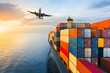 © JP STUDIO LAB - Ship loaded with containers at sea during sunset, airplane flying above, representing seamless global logistics, trade, and transportation networks