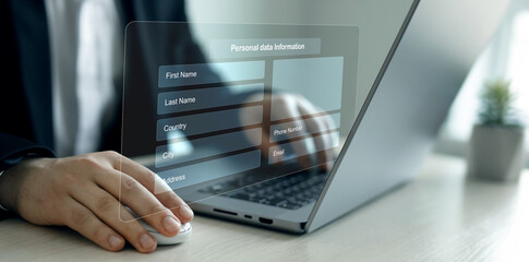 Personal data information management.Digital online employee form. Human resource concept.Businessman filling out a form with personal data online. 