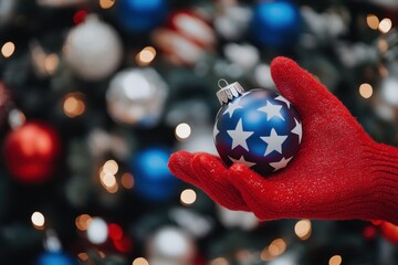 Blue star ornament in hand at Christmas