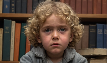 Curly boy among bookshelves and stacks of books. Education and training, concept.