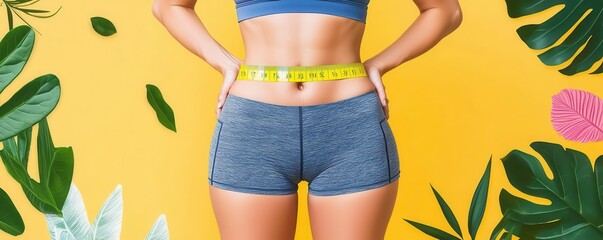 Woman measuring waist with tape measure, fitness progress, goal setting, bright and encouraging background