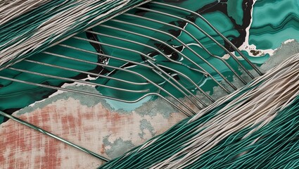 Canvas Print - Abstract  closeup of a woven green and white material with metallic wire