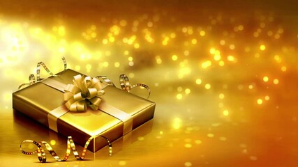 Wall Mural - Golden gift box with bow and ribbon on shiny, bokeh background.