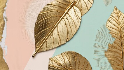 Wall Mural - Golden leaves on a pastel background.