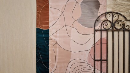 Sticker - Abstract art with a delicate iron gate, featuring soft pink and beige colors.