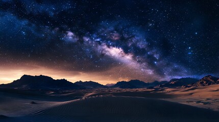 Wall Mural - Lanscape view of the desert with stars and milky way galaxy over the night sky. 