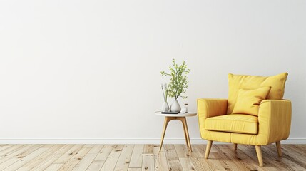 Living room interior with yellow fabric armchair and table on empty white wall background --no text and people, human --chaos 10 --ar 16:9 Job ID: 61ba336e-8754-4b11-aa6b-96396f6fd9cd