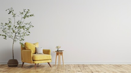 Living room interior with yellow fabric armchair and table on empty white wall background --no text and people, human --chaos 10 --ar 16:9 Job ID: 1274a53f-4db5-48df-a830-9d8ed408cbb0