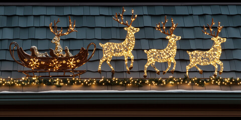 Wall Mural - Light-up reindeer and sleigh display on the roof, illustration art