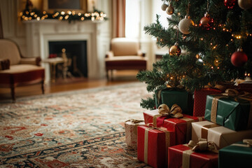 Sticker - Cozy Living Room Decorated For Christmas, With Colorful Gift Boxes Piled Under A Beautifully Adorned Tree, Each Box Wrapped In Festive Paper And Tied With Luxurious Ribbons