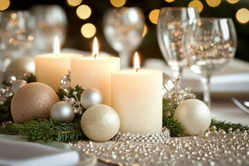 Canvas Print - Festive Table Setting With Beautifully Lit White Candles, Adorned With Silver Accents And Surrounded By Delicate Ornaments And Greenery, Exuding A Warm Glow