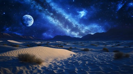 Wall Mural - Lanscape view of the desert with stars and milky way galaxy over the night sky. 