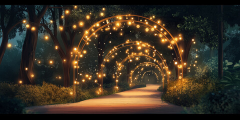 Wall Mural - Tunnel of lights arching over walkway in park setting, illustration art