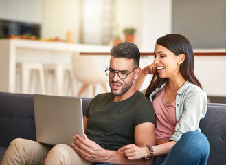 Poster - Smile, couple and relax with laptop at house for financial planning, loan research and mortgage application. Happy, people and digital for banking payment, finance budget and investment with bonding